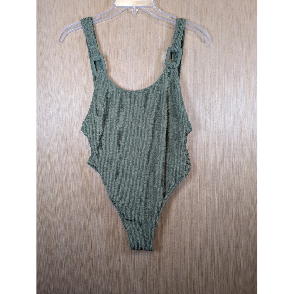 Aerie Real Good Sage Green Ribbed One Piece Cheekiest Swimsuit Large UPF 50